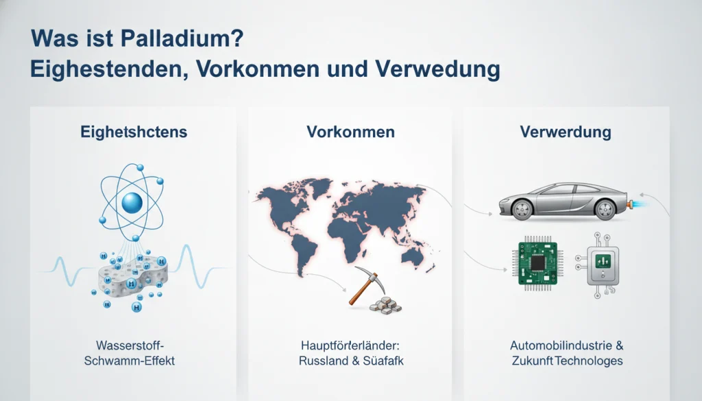 Palladium Eigenschaften als Wasserstoff-Schwamm, globales Vorkommen und Verwendung in der Automobilindustrie.
