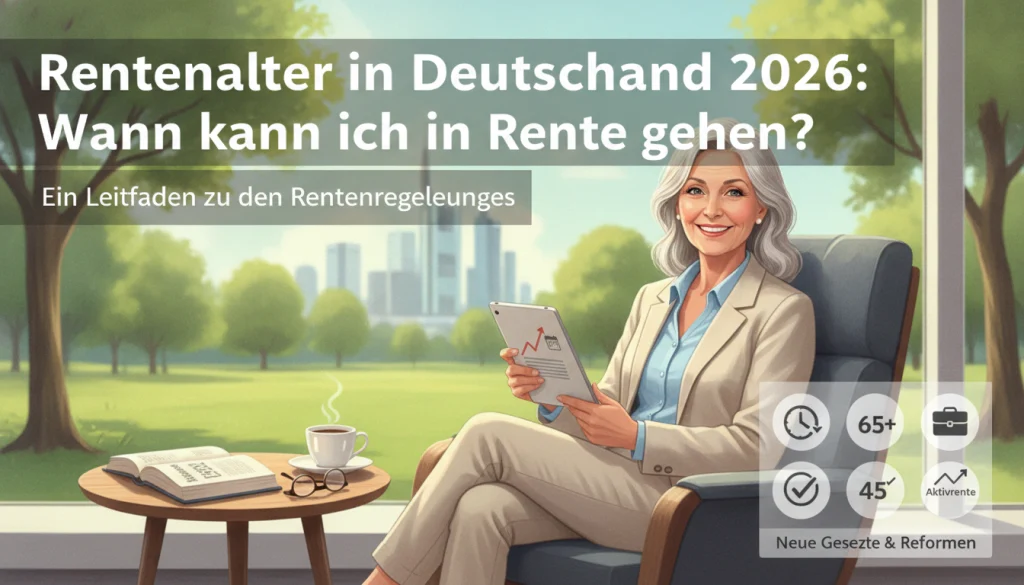 Eine lächelnde Seniorin mit Tablet im Sessel zum Thema Rentenalter in Deutschland 2026 und wann man in Rente gehen kann.
