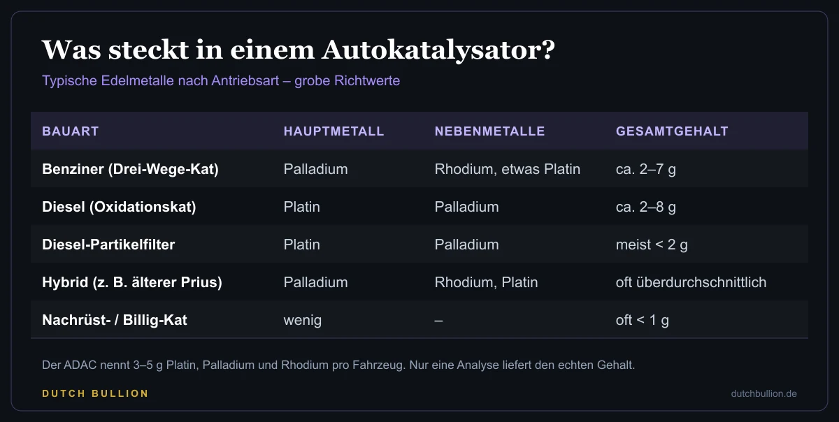 Tabelle der Edelmetalle in Autokatalysatoren nach Bauart: Benziner mit Palladium und Rhodium, Diesel-Oxidationskatalysator und Partikelfilter mit Platin, Hybrid und Nachrüstkatalysator mit grobem Gesamtgehalt