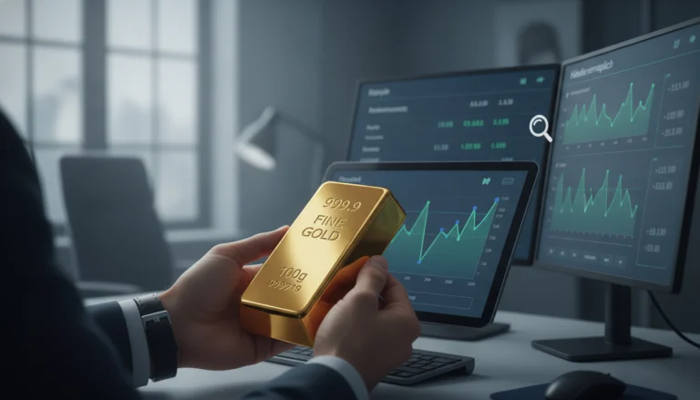 Person hält einen 100g Goldbarren vor Trading-Charts zur Analyse von Goldpreis heute, Kurs und Preisentwicklung.