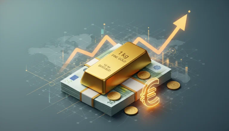 Ein 1kg Goldbarren auf Euro-Banknoten vor einer steigenden Kursgrafik zeigt den aktuellen Goldwert in Euro.