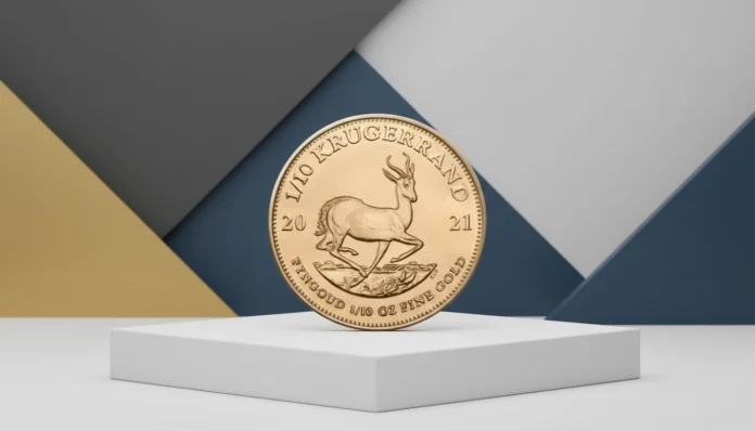 2021-gold-krugerrand-1-10-oz-coin-on-podium Eine südafrikanische 1/10-Unzen-Goldmünze Krugerrand aus dem Jahr 2021, die auf einem weißen Podest vor einem abstrakten geometrischen Hintergrund in Blau, Grau und Gold präsentiert wird. Die Münze zeigt das Motiv einer Springbock-Antilope.