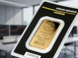 20g Argor-Heraeus gold bar in packaging with trading screens behind for a financial gold market infographic.