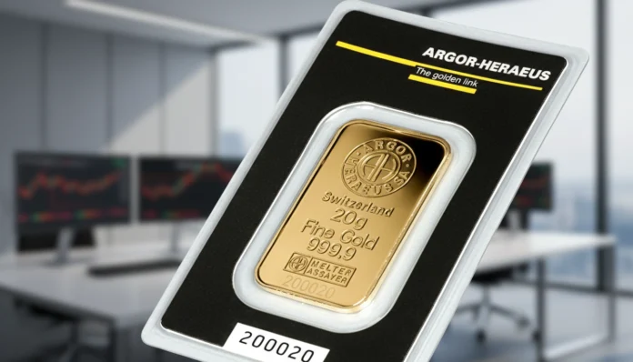 20g Argor-Heraeus gold bar in packaging with trading screens behind for a financial gold market infographic.
