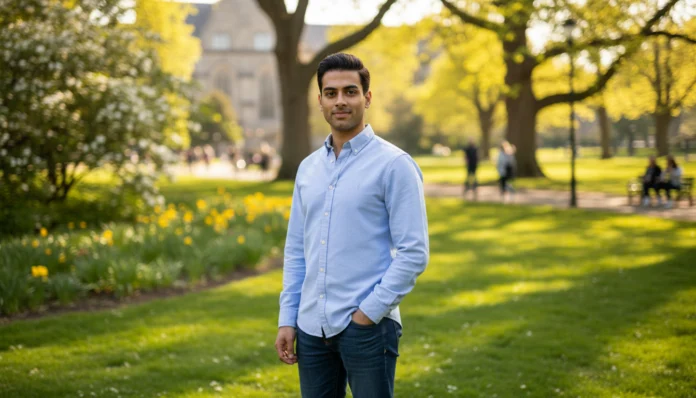 Amos Bocelli in hellblauem Hemd und Jeans steht in einem sonnigen Park mit gelben Blumen und grünen Bäumen.