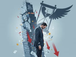 Bed Bath & Beyond stock crash illustration man by crumbling tower with falling red arrows and broken hourglass