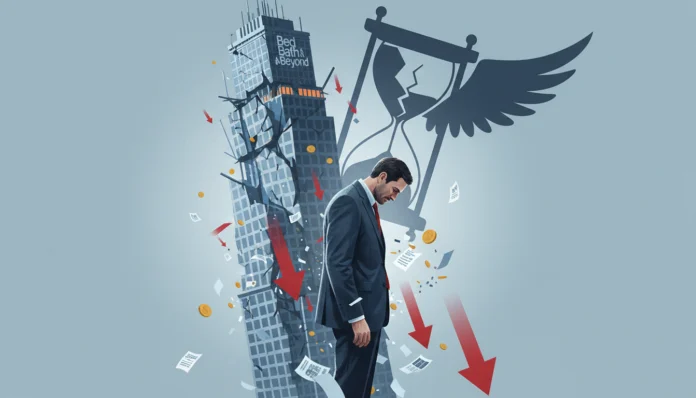 Bed Bath & Beyond stock crash illustration man by crumbling tower with falling red arrows and broken hourglass