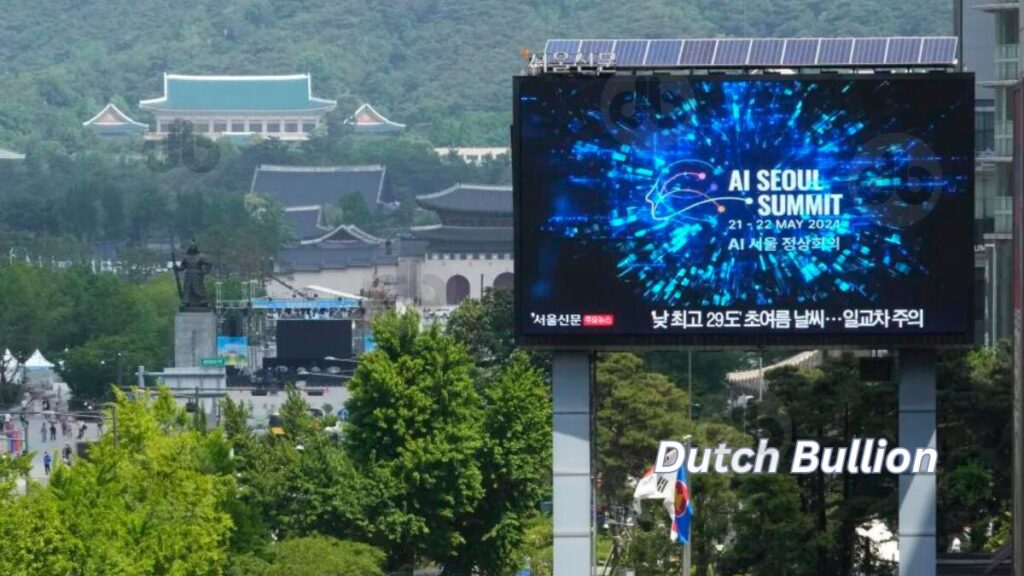 Ein Bildschirm zeigt eine Ankündigung des KI-Gipfels von Seoul in Seoul, Südkorea, am Dienstag, 21. Mai 2024. Es wird erwartet, dass die Staats- und Regierungschefs der Welt ein neues Abkommen über künstliche Intelligenz verabschieden werden 