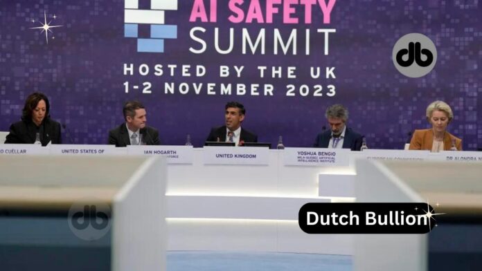 Der britische Premierminister Rishi Sunk, Mitte, spricht während einer Plenarsitzung auf dem KI-Sicherheitsgipfel im Bletchley Park in Milton Keynes, England, am 2. November 2023. Südkorea wird diese Woche einen Minigipfel über Risiken und Regulierung der künstlichen Intelligenz veranstalten. Damit knüpft es an das erste KI-Sicherheitstreffen an, das 2023 in Großbritannien stattfand und an dem zahlreiche Tech-Größen, Forscher und Beamte teilnahmen.