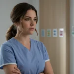 Krankenschwester in hellblauem Kasack blickt nachdenklich in einem modernen Krankenhauszimmer.