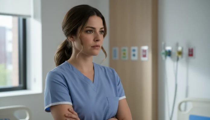 Krankenschwester in hellblauem Kasack blickt nachdenklich in einem modernen Krankenhauszimmer.