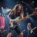 Langhaariger Bassist spielt leidenschaftlich Bassgitarre auf einer beleuchteten Bühne bei einem Live-Rockkonzert.