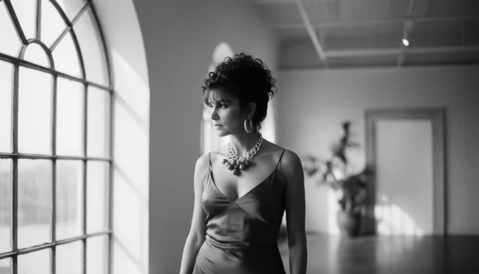 Mercedes Ruehl in einem Slipdress blickt in einem filmreifen Schwarzweißfoto aus einem Bogenfenster.