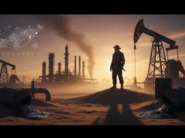 Ölmarkt-Grafik Kurschart über Ölfeld mit Raffinerie; visualisiert Überangebot und Marktrisiken.