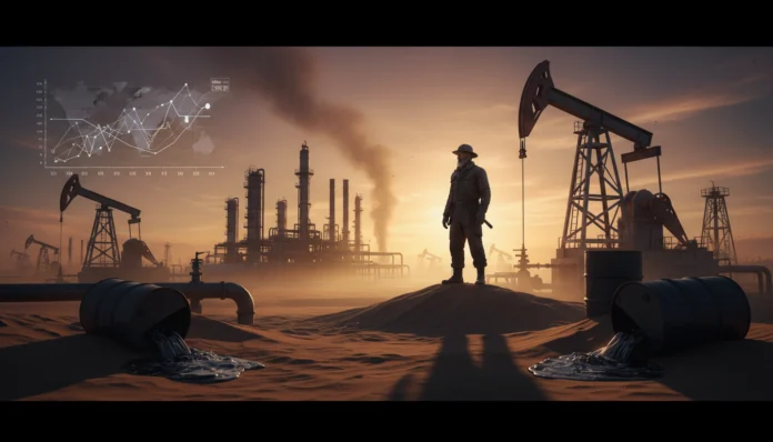 Ölmarkt-Grafik Kurschart über Ölfeld mit Raffinerie; visualisiert Überangebot und Marktrisiken.