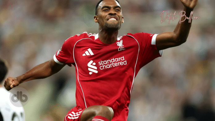 Ryan Gravenberch vom FC Liverpool feiert seinen Treffer. Foto Stu ForsterGetty Images