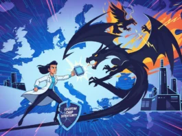 Wissenschaftler hält einen Mikrochip einem Drachen entgegen – ein Symbol für den geopolitischen Kampf um die europäische Chip-Souveränität.