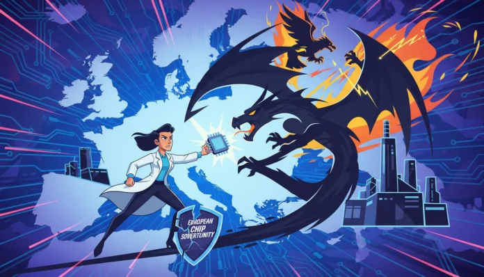 Wissenschaftler hält einen Mikrochip einem Drachen entgegen – ein Symbol für den geopolitischen Kampf um die europäische Chip-Souveränität.