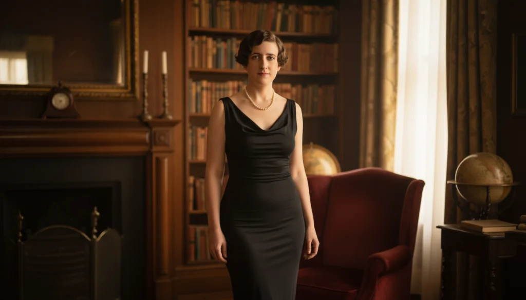 Agatha Christie Stil: Frau in schwarzem Kleid und Perlenkette vor einem Bücherregal im Arbeitszimmer.