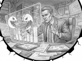 Der KI-Kredit-Crunch 2026: Warum Algorithmen jetzt Bilanzen fressen Ein besorgter Banker beobachtet, wie KI-Monster beim Kredit-Crunch 2026 digitale Bilanzen in einer Serverfarm fressen.