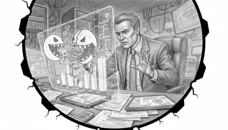 Ein besorgter Banker beobachtet, wie KI-Monster beim Kredit-Crunch 2026 digitale Bilanzen in einer Serverfarm fressen.