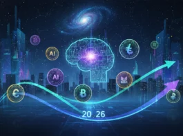 AI Crypto Coins Liste 2026: Der Makro-Zyklus und die besten KI Kryptowährungen Digitales Gehirn und KI Kryptowährungen über futuristischer Stadt symbolisieren den Makro-Zyklus für 2026.
