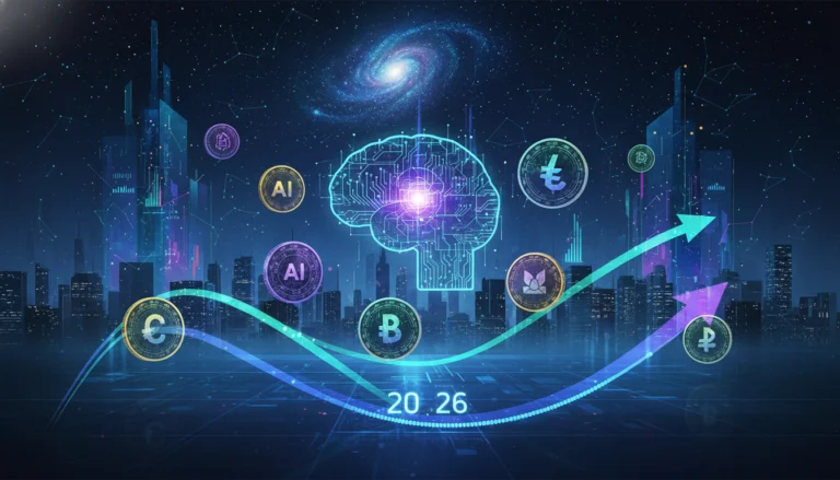 Digitales Gehirn und KI Kryptowährungen über futuristischer Stadt symbolisieren den Makro-Zyklus für 2026.