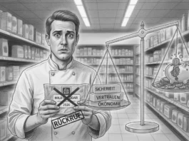 Besorgter Mitarbeiter beim Aldi Käse-Rückruf 2026 mit einer Waage für Sicherheit, Vertrauen und Ökonomie.