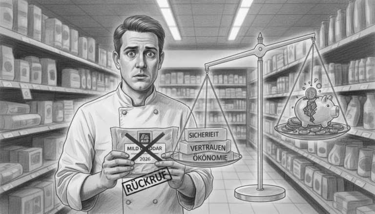 Besorgter Mitarbeiter beim Aldi Käse-Rückruf 2026 mit einer Waage für Sicherheit, Vertrauen und Ökonomie.