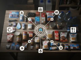 Prepper Liste Aldi: Besser vorbereitet mit den richtigen Vorräten – Eine kritische Analyse der Discounter-Strategie Eine übersichtliche Anordnung von Notfallvorräten und Krisenvorsorge-Artikeln von Aldi auf einem Holztisch. In der Mitte ist das Aldi-Logo in einem Kreis abgebildet, von dem aus Linien zu verschiedenen Piktogrammen für Kategorien wie Wasser, Nahrung, Licht und Erste Hilfe führen. Auf dem Tisch liegen Produkte wie Konservendosen, Wasserflaschen, Batterien, eine Taschenlampe, ein Kurbelradio, Snacks und Hygieneartikel.
