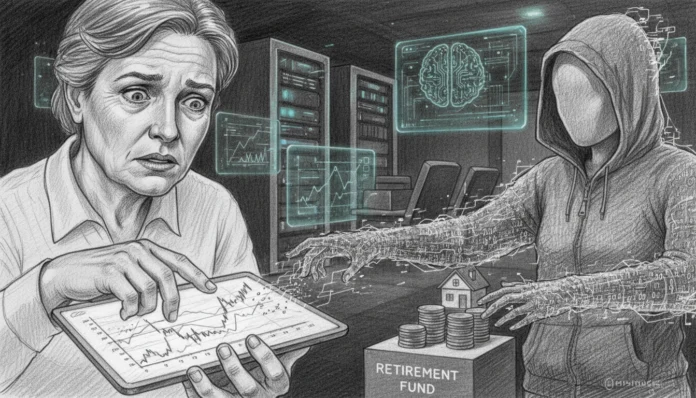 Besorgte Frau am Tablet, während Algorithmen im Kampf um das Altersvorsorgedepot 2026 nach dem Ruhestand greifen.