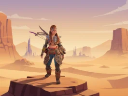 Eine stilisierte Illustration von Aloy aus Horizon Forbidden West, die auf einem Felsen in einer weiten Wüstenlandschaft steht. Sie trägt ein aufwendig gestaltetes Stammes-Outfit mit Bogen und Köcher auf dem Rücken. Der Hintergrund zeigt Sanddünen, markante Felsformationen und ferne futuristische Silhouetten unter einem warmen, atmosphärischen Himmel.