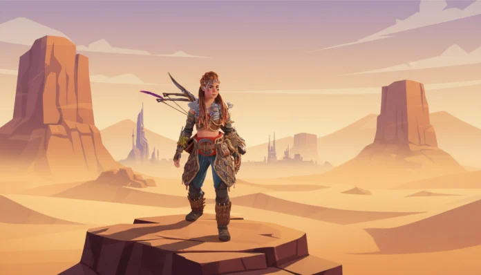 Eine stilisierte Illustration von Aloy aus Horizon Forbidden West, die auf einem Felsen in einer weiten Wüstenlandschaft steht. Sie trägt ein aufwendig gestaltetes Stammes-Outfit mit Bogen und Köcher auf dem Rücken. Der Hintergrund zeigt Sanddünen, markante Felsformationen und ferne futuristische Silhouetten unter einem warmen, atmosphärischen Himmel.