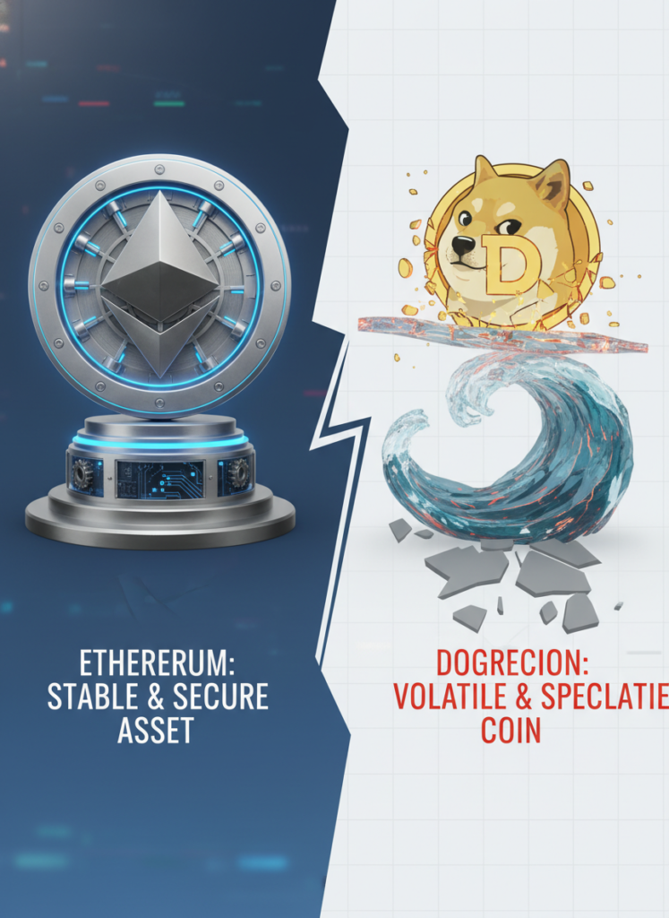 Visueller Vergleich der Marktstabilität zwischen Ethereum und Dogecoin im Jahr 2026