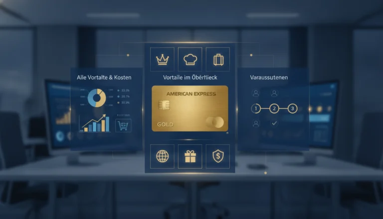 American Express Gold Card im Fokus einer Infografik über Vorteile, Kosten und Voraussetzungen im modernen Büro.