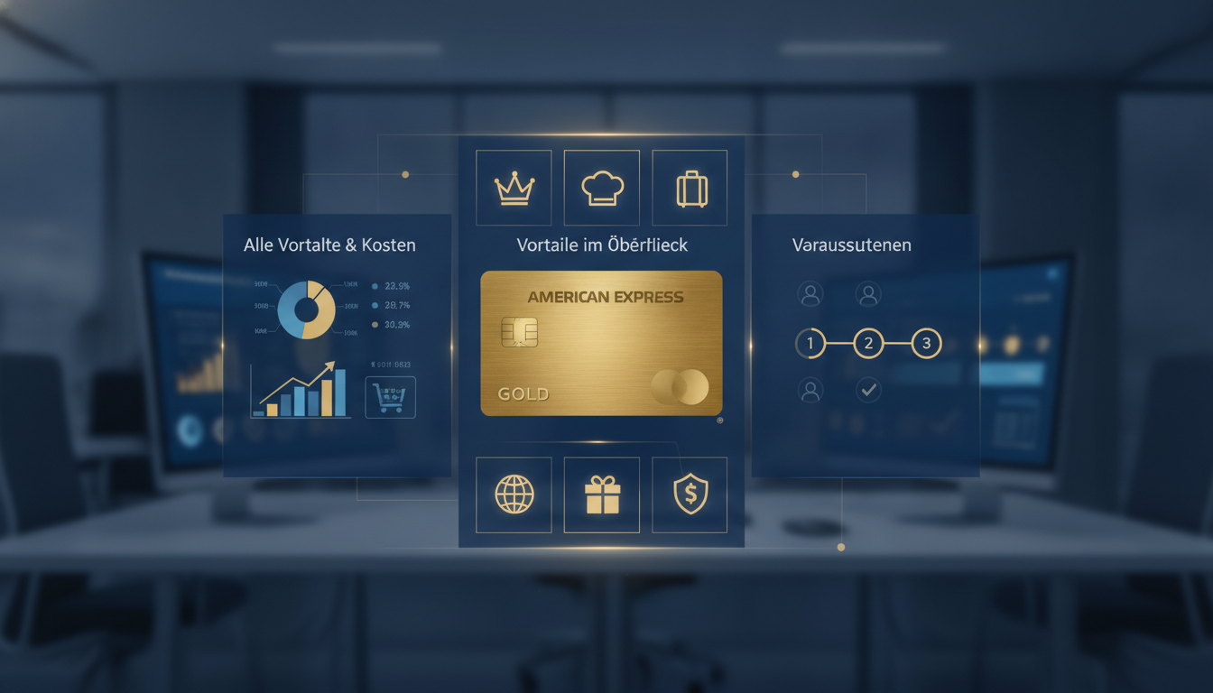 American Express Gold Card im Fokus einer Infografik über Vorteile, Kosten und Voraussetzungen im modernen Büro.