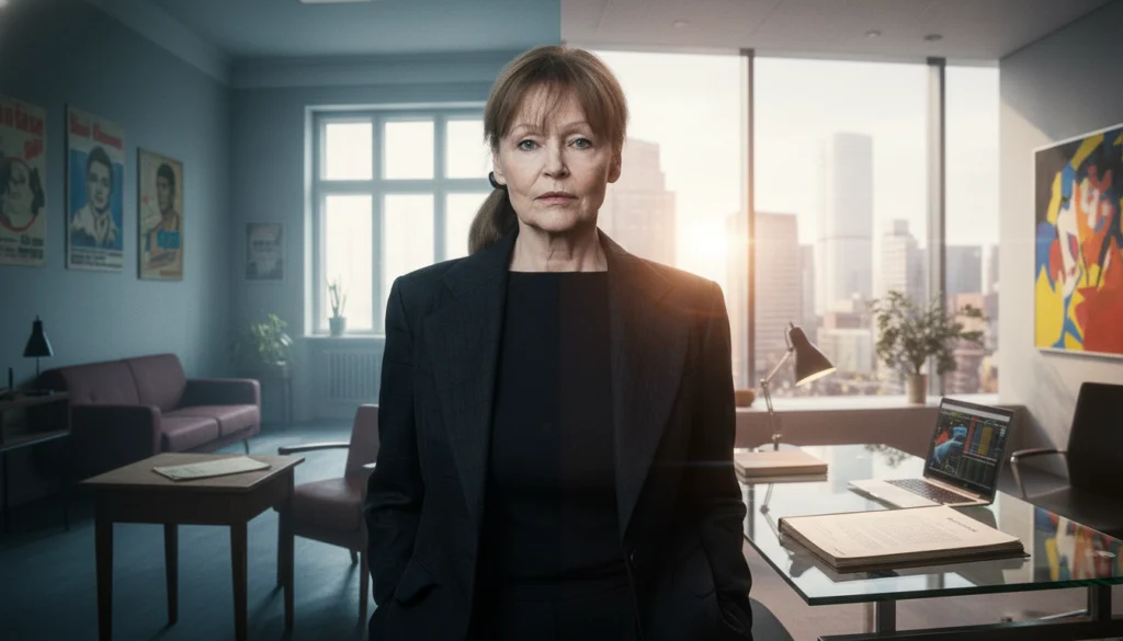 Angelica Domröse vor geteilter Büro-Kulisse zur Darstellung ihrer erfolgreichen Karriere und ihres Vermögens.