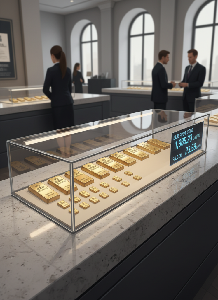 Fig 2: Auslage eines modernen Edelmetallhändlers mit Goldbarren und digitalen Preisinformationen in Euro