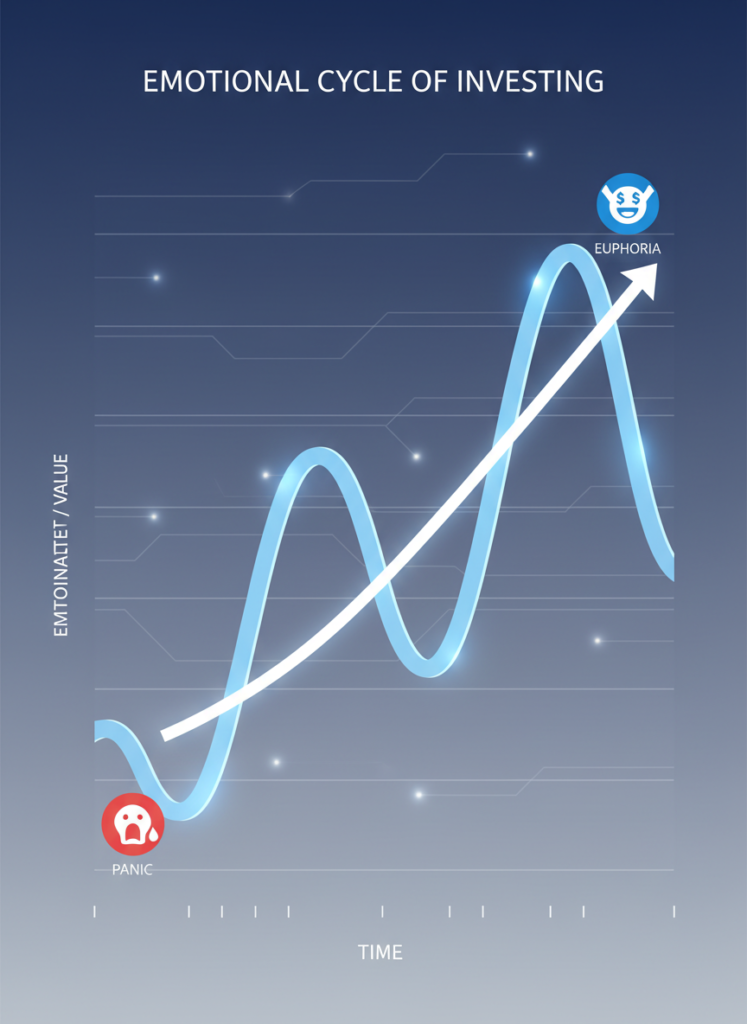 Grafik, die den emotionalen Zyklus des Investierens und den langfristigen Aufwärtstrend zeigt.
