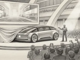 Apple Car Reveal 2026: Skizze der Enthüllung des autonomen Fahrzeugs vor begeistertem Publikum bei einem Event.