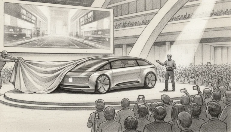 Apple Car Reveal 2026: Skizze der Enthüllung des autonomen Fahrzeugs vor begeistertem Publikum bei einem Event.