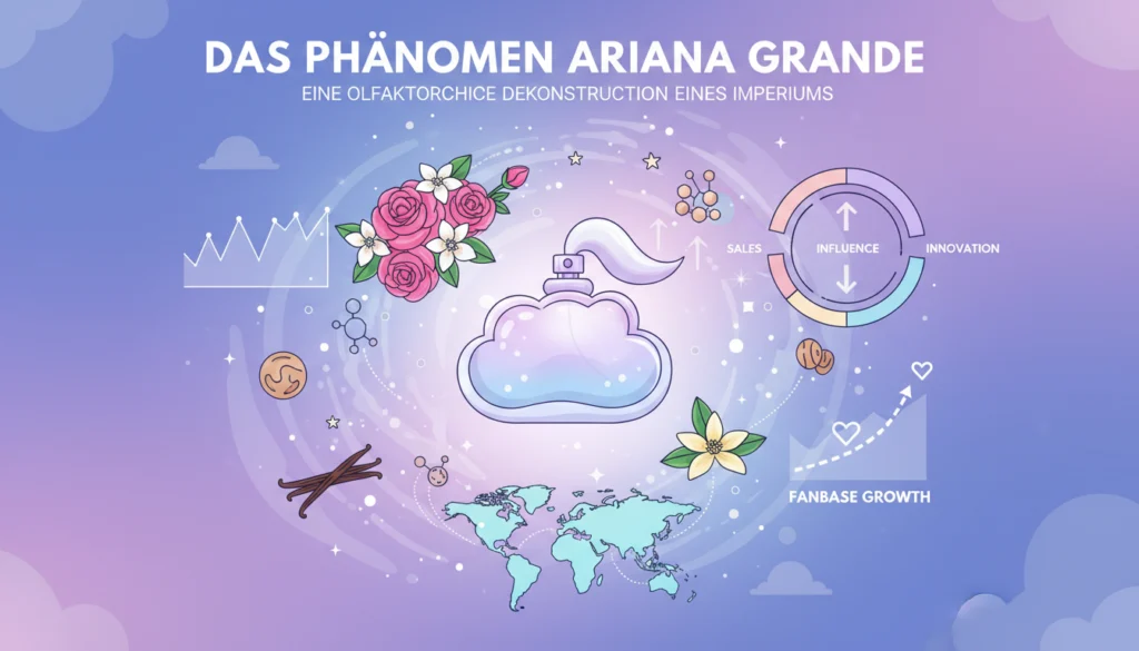 Eine Infografik mit dem Titel 'Das Phänomen Ariana Grande: Eine olfaktorische Dekonstruktion eines Imperiums'. Im Zentrum steht ein wolkenförmiger Parfümflakon, umgeben von Illustrationen wie Rosen, Vanilleschoten, Molekülstrukturen, einer Weltkarte und Diagrammen, die Fan-Wachstum, Umsatz, Einfluss und Innovation visualisieren. Das gesamte Design ist in sanften Pastelltönen gehalten.