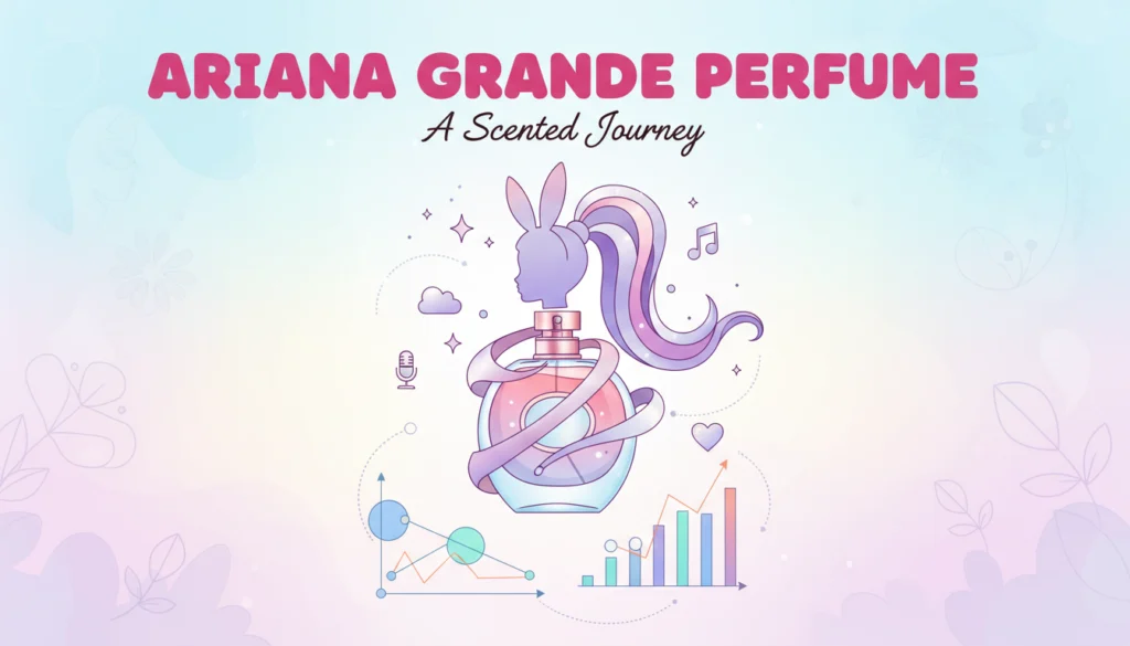 Eine künstlerische Illustration für „Ariana Grande Perfume: A Scented Journey“. Das Bild zeigt einen stilisierten Parfümflakon in Pastellfarben, gekrönt von der Silhouette von Ariana Grande mit ihrem ikonischen hohen Pferdeschwanz und den Hasenohren. Um den Flakon herum sind Symbole wie ein Mikrofon, Noten und Wachstumsdiagramme vor einem sanften Pastellhintergrund angeordnet.