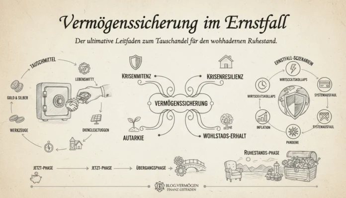 Eine Infografik mit dem Titel 'Vermögenssicherung im Ernstfall', die als ultimativer Leitfaden zum Tauschhandel für den Ruhestand dient. Die Grafik zeigt zentral den Begriff 'Vermögenssicherung', von dem Zweige zu Themen wie Krisenresilienz, Autarkie und Wohlstandserhalt abgehen. Auf der linken Seite wird ein Kreislauf von Tauschmitteln wie Gold, Silber, Werkzeugen und Lebensmitteln illustriert. Rechts sind verschiedene Ernstfall-Szenarien wie Wirtschaftskollaps, Inflation und Pandemien in einem Kreis angeordnet. Am unteren Rand ist ein Zeitstrahl abgebildet, der von der 'Jetzt-Phase' über eine 'Übergangsphase' bis hin zur 'Ruhestands-Phase' führt, dargestellt durch ein gemütliches Zimmer und eine gefüllte Schatztruhe.