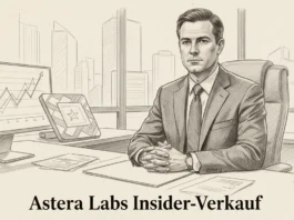 Skizzierter Geschäftsmann am Schreibtisch mit steigendem Chart zum Thema Astera Labs Insider-Verkauf im Büro.