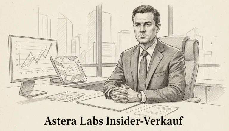 Skizzierter Geschäftsmann am Schreibtisch mit steigendem Chart zum Thema Astera Labs Insider-Verkauf im Büro.