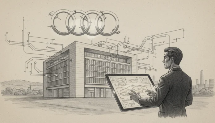 Audi-Skizze: Ein Planer entwirft in Ingolstadt am Tablet die neue Premium-Formel für 2026 vor dem Firmengebäude.