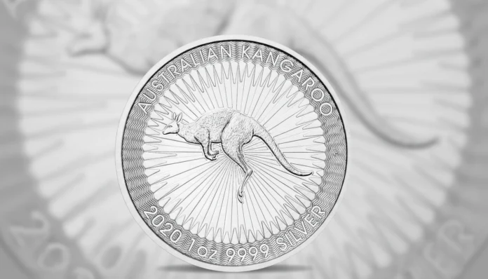 Silver Australian Kangaroo coin from 2020 featuring a leaping kangaroo for an investment infographic.