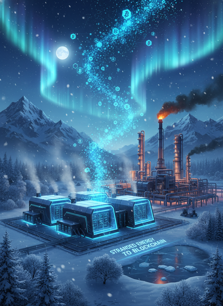 Krypto-Mining-Zentrum in einer verschneiten kanadischen Landschaft neben einer Energieanlage