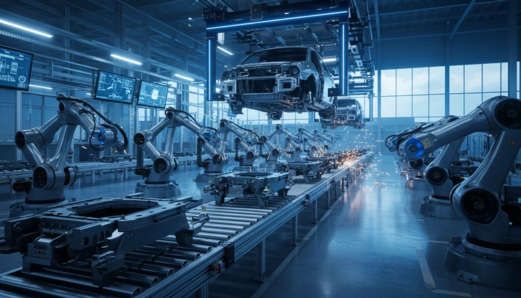 Eine hochmoderne, automatisierte Fabrikhalle in Deutschland für die Automobilproduktion. Mehrere Roboterarme arbeiten präzise an Fahrzeugkarosserien entlang eines Förderbands, während ein Chassis an einem Überkopf-Transportsystem hängt. Die Szene ist in kühlen Blau- und Metalltönen gehalten und zeigt fliegende Funken bei der Montage.